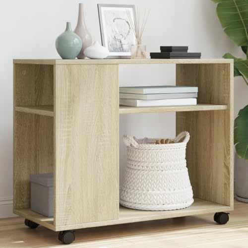 SDWEHO7 Beistelltisch mit Rollen, Nachttisch mit 2 Ablagen, Kleiner Tisch, für Wohnzimmer, Schlafzimmer, Büro, Sonoma Eiche 70x35x60 cm Holzwerkstoff