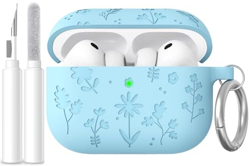 AhaStyle Hülle für AirPods Pro 3 (2025) mit Reinigungsset | Blumen-Gravierte Silikonhülle, für Frauen Mädchen, Kabelloses Laden, Mit Karabiner, Premium-Silikon, Rundumschutz, Stoßfest