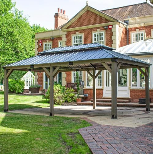 BPS® Grand Pavillon de Jardin en Bois | Pavillon avec Toit Fixe | Toit en Acier à 2 Niveaux | Structure en cèdre | Couverture de terrasse | Marron et Noir (6m x 3m)