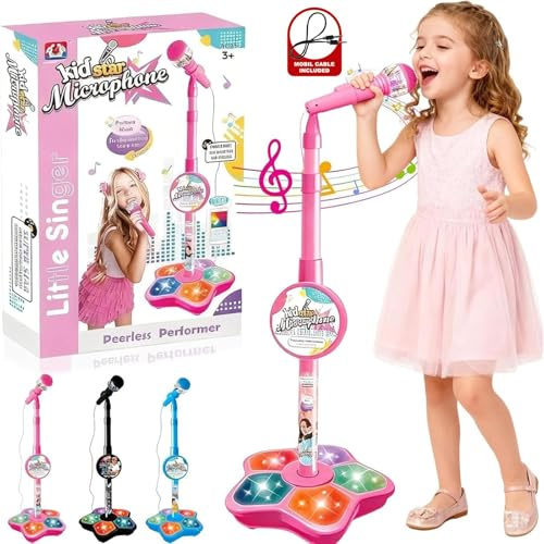 2026 Upgate kids karaoke machines, Kids Microphone and Stand Adjustable, Kids Karaoke Sing Musical Toy with Stand & Bluetooth, 5 Colorful LED Lights For Girls Boys Party Pastime (Pink)