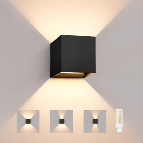 YindaLux LED Aussenlampe, IP65 Wandleuchte für Innen/Außen, mit Austauschbarer G9 LED 3000K, Up Down Licht mit Einstellbarem Abstrahlwinkel, für Flur, Terrasse, Eingang, Wohnzimmer, Schwarz