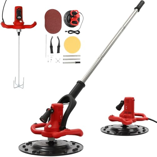 80-200RPM 1680W Electric Plaster Mortar Cement Putty Trowel, Handheld Concrete Mixer Wall Smoothing Polishing Machine, Concrete Trowel with Extension Rod (Red 1680W)