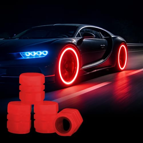 4 Stück Ventilkappen Auto Leuchtend, Leuchtendes Auto Reifenventil, Fluoreszierende Reifenventilkappen mit Dichtung, Universelle Ventilkappen für Motorrad, Fahrrad, SUV (Rot)