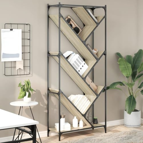 SooIarix Libreria in rovere Sonoma, 79 x 30 x 180 cm, in legno e metallo, a forma di albero, stabile con piedini regolabili, design moderno per soggiorno