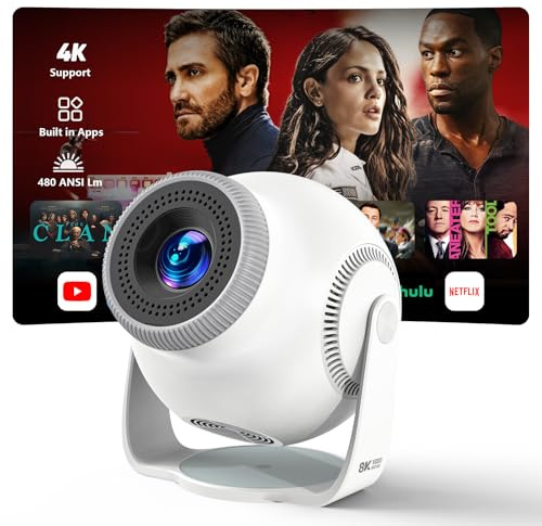 Mini Portable WiFi 6 and Bluetooth 5.4 Projector, 480 ANSI Lumens, Support 1080P and 4K Decoding, Android 14, 270° Rotation, Video Projector for Bedroom, Home Theater and Outdoor