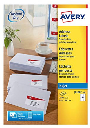 Avery J8160-100 Etiketten für Tintenstrahldrucker Packung mit 100 Blatt weiß