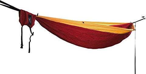 Outdoor Reise Camping Doppel Hängematte f. 2 Personen inkl. Baumgurte, Aufhängung, Fallschirmseide Ultraleicht Nylon Bordeaux Rot mit gelben Rand