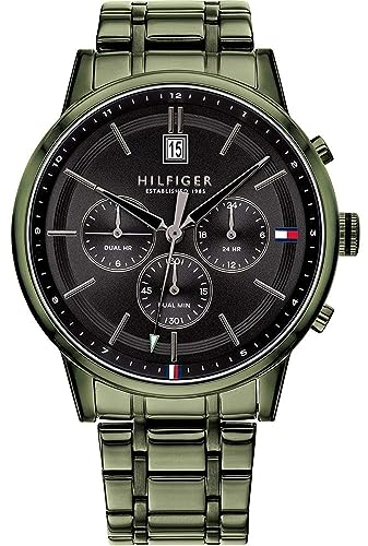 Tommy Hilfiger Herren-Multifunktions-Quarzuhr - 3-Zeiger-Werk, Grünes Edelstahlarmband, Schwarzes Sonnenstrahl-Zifferblatt, Wasserbeständig bis 5ATM - 1791634