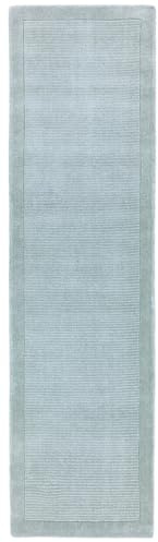 Lord of Rugs York Hand Woven Wool Rug for Living Room, Bedroom or Hallway Plain Striped Design with Border Soft Rug Duck Egg, Runner 68 x 240 cm (2'3x7'10)