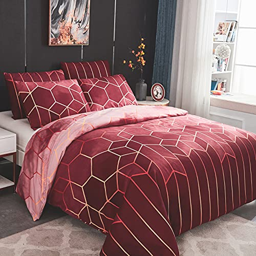 Dencalleus Bettwäsche-Set Geometrisch, 1 x Bettbezug 220x240 cm mit 2 x Kissenbezügen 50x70 cm, Weiche Bedding Set 3teilig Kuschelige Bettwäsche Set mit Reißverschluss, Rosa Rot