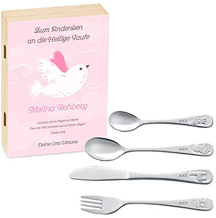 Maverton Kinderbesteck Set mit Gravur + Holzbox mit Aufdruck - mit Tieren - aus Edelstahl - Weihnachtsgeschenke - Braun - Geschenk für Mädchen zum Geburtstag zur Taufe Geburt - Taube