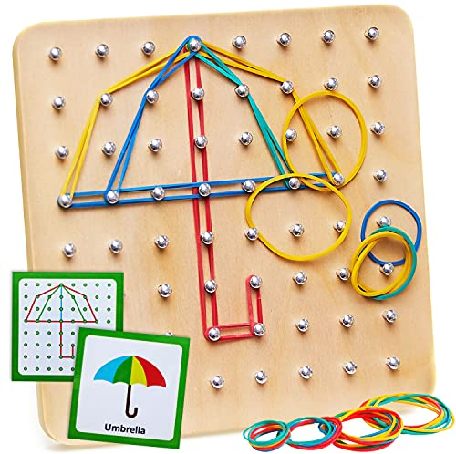 Panda Brothers Holz Geobrett - Montessori Spielzeug, Geometrie Lernspielzeug Geoboard Grundschule, 30 Musterkarten, 40 Gummibänder zum Erstellen von Figuren & Formen, Montessori Spielzeug ab 3 Jahre