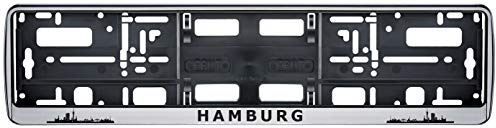 Auto Kennzeichenhalter Hamburg Skyline in der Farbe Silber/Schwarz Nummernschildhalterung Auto, Nummernschildhalter Fanartikel 2 Stück