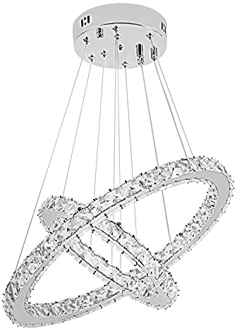 UISEBRT 48W Lampada a Sospensione Moderna Cristallo - Lampadario Creativo Regolabile in Altezza Lampada da Soffitto Due anelli Cucina Salotto Camera da letto, Bianco Freddo