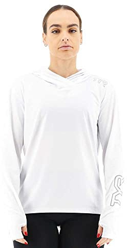TYR Women's Long Sleeve Sun Protection Performance Hooded Shirt UPF 50+, White, Large