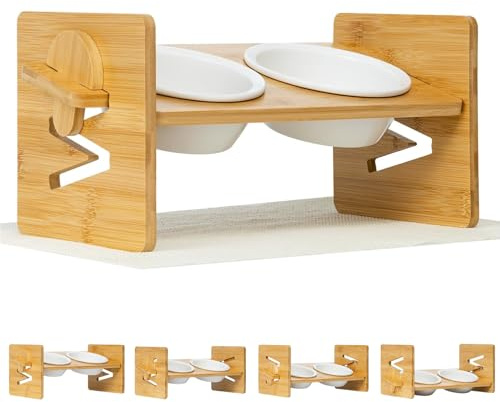 Ciotola per Gatti Rialzata, Ceramica, con Supporto rialzato in bambù Massiccio, Ciotole per Alimenti (2 Ciotole)