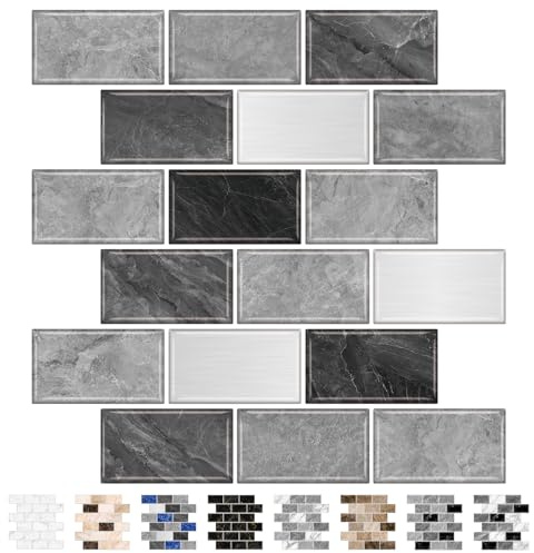 URCOLOR 10-Sheet Subway Tile Peel and Stick Backsplash for Kitchen,12x12 Self Adhesive Wall Tiles Sticker on Back Splashes for Bathroom Gray Marble Design