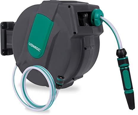 VONROC Enrouleur de Tuyau Automatique Mural 15M - Kit Complet pour Arrosage Facile et Efficace - Support Mural, Buse d’Arrosage Réglable, Raccords Tuyau et Robinet Inclus