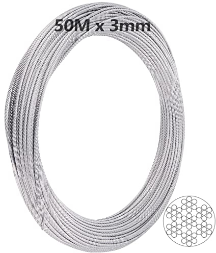 ZEONHEI 1 Stück 50M x 3mm Edelstahlseil, 7 x 7 Litzenkern Drahtseil Edelstahl, Spanndraht Stahlseil für Gardinenseil, Kabelgeländer, Außen Garten Hängen