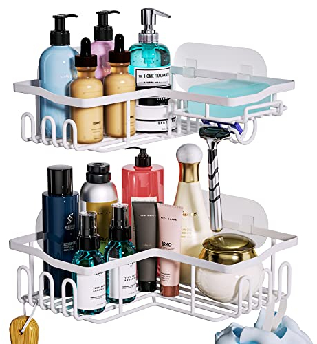 HapiRm Duschablage, Duschablage Ohne Bohren, Duschregal Ecke Mit 11 Haken Seifenschale Und Rasiererhalter, Duschregal Edelstahl Fur Badezimmer Kuche, Duschkorb Mit 6 Klebstoff, 2 Stücke