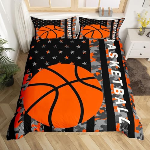 Feelyou American Flag Basketball Duvet Cover Gaming Sports Camo Bedding Set Ball Games Comforter Cover for Boys Girls Children Teens Bedroom Decor Orange Bedspread Cover Twin Size with 1 Pillow Case