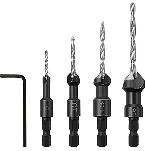Set di 4 punte coniche per trapano esagonale da 6,35 mm, per lavori di legno, con chiave esagonale, strumenti per fori pilota per legno, plastica
