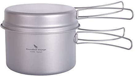 iBasingo Titan Topf Pfanne Set 1200ml & 500ml Camping Kochgeschirr Outdoor Schüssel Set Leichte Koch Mess Kit mit Klappgriff Küchen Utensilien Campingausrüstung für 1 Personen 2 Stücke/Set Ti2110C