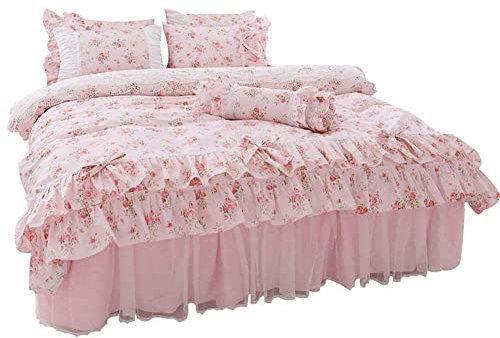VIROYA Parure de lit Romantique à Fleurs Roses pour Filles avec Housse de Couette et Jupe de lit en Dentelle Rose à Volants Floral Shabby Literie California King 4 pièces Good