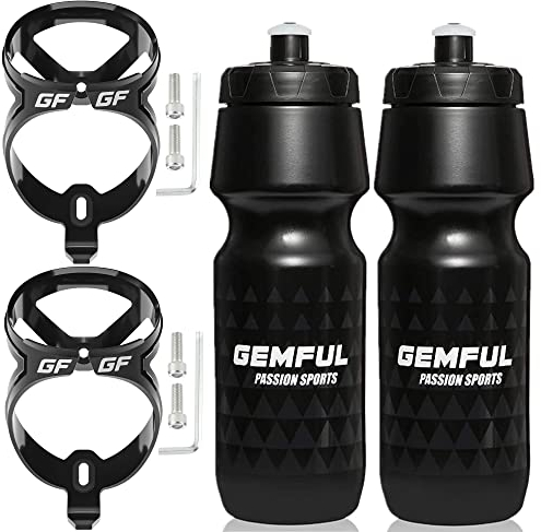 GEMFUL Bike Water Bottle Cage with 750 ml Bicycle Bottle Set BPA Free for Cycling Road Mountain Bike 4 Pack(2 Black Bottles with 2 Holders)
