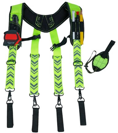 KUNN Magnetic Tool Belt Suspenders,Reflective Safety Work Suspender,Men's Tool Bag Harness with 4Pcs Loops for Construction/Carpenter/Electrician