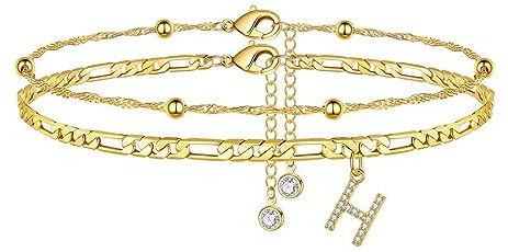 TINGN Fotkedjor för kvinnor, silver 14k förgyllda vristlänk för kvinnor vristlänk med A-Z bokstäver dubbel vristkedja justerbar present till sommar dotter vän syster present, 26.5 cm
