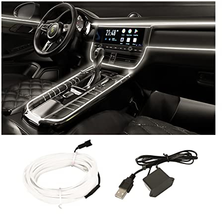 CGEAMDY EL Wire Car Interior LED Strip Lights, 5FT Neon Light with Sewing Edge for Auto Cigarette Lighter, Ambient Lighting Kits with Fuse Protection, Car Interior Decoration Accessories (White)