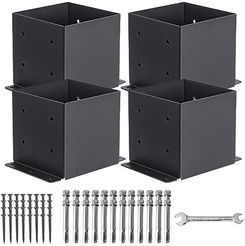 Nrspp 6x6 Post Base 4 Pcs,（Inner Size 5.6x5.6） Wood Fence Pergola Post Bracket , Black Powder Coated Post Anchor,Deck Post Base Support Base Plate Pergola Brackets Fence Kit