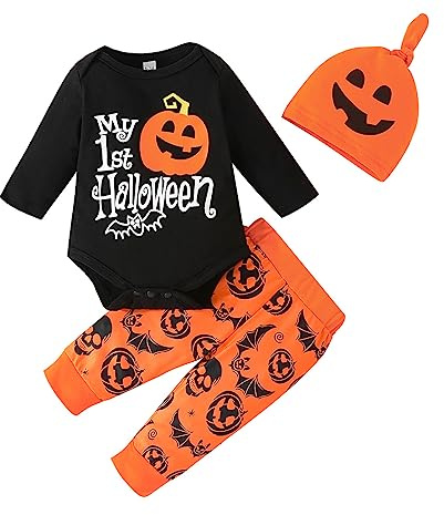 imKutie My 1st Halloween Clothes Set, Baby Girls Boys Cute Pumpkin Skull Bat Long Sleeve Romper Pants Hat 3PCS Halloween Outfits Set for 0-18 Months
