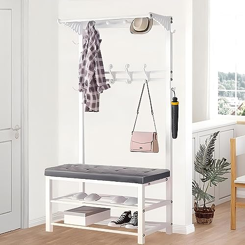 Dkjdssek 4 in 1 Garderobe mit Sitzbank, Garderobenständer mit Schuhregal und 14 Hakens, Metall Garderobenständer mit 2 Ablagen, Kleiderständer Garderoben, für Flur Wohnzimmer 100X33X170CM