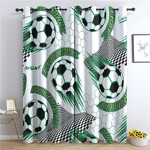 THYUNQ Vorhänge Fussball Motiv, Vorhang Blickdicht Verdunklungsvorhänge Thermovorhang mit Ösen, Gardinen Wohnzimmer Schlafzimmer Fenster, 2er Set Curtains, H 166 x B 75 cm