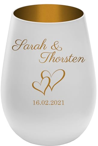 Personalisierbares Windlicht ''Verschlungene Herzen'' - Weiß/Gold - gravierter Glas Teelichthalter - Höhe 12 cm - Persönliche Geschenk Idee Hochzeit Valentinstag
