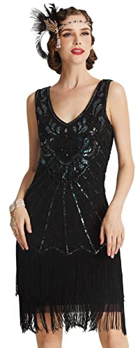BABEYOND Set di Abiti da Donna Stile Retrò Anni '20, con Due Strati, Paillettes, Nappe, Scollo a V, per Feste a Tema Great Gatsby, Nero , XS