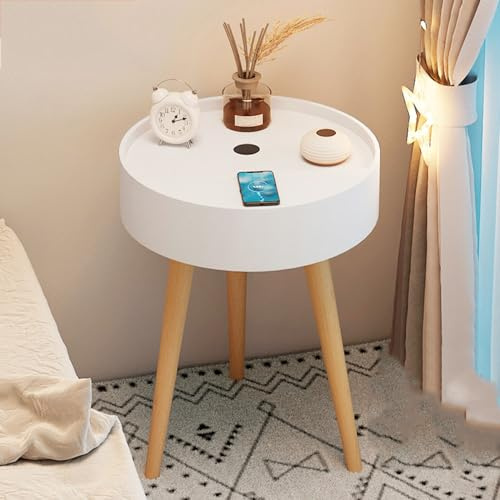 YFZNWHX Intelligenter Nachttisch Mit Kabelloser Aufladung, Runder Beistelltisch Mit Stauraum, Couchtisch, Beistelltisch for Kleine Räume, Schlafzimmer, Wohnzimmer, Einfache Montage (Color : White)