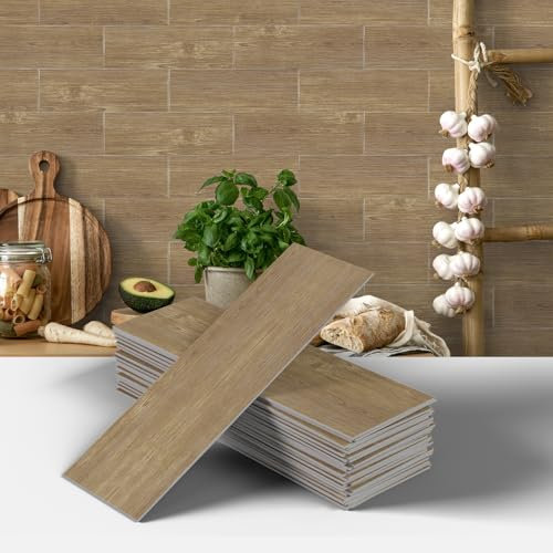 AMOYUN Pegatinas de Baldosas Cocina, 12 Piezas Adhesivo de Pared Impermeable Azulejos Suelo Vinílico Autoadhesivo Adhesivo de Pared PVC Decorativos Adhesivos Imitación Madera para el Baño 10cm x 30cm