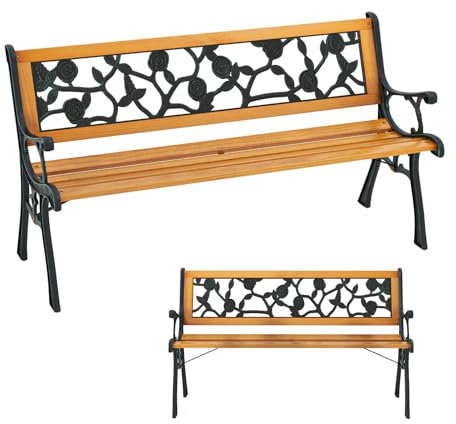 KOMFOTTEU 3 Sitzer Gartenbank, Holzbank mit Metallrahmen, Parkbank mit Armlehnen & Rückenlehne, Außenbank bis 210 kg belastbar, für Terrasse Balkon Garten (Modell 2, 126 x 52 x 73 cm)