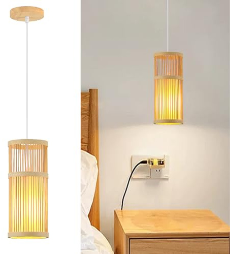 Schindora Pendelleuchte Boho,Bambus und Holz Lampenschirm FüR Esstisch Vintage lampe E27 Dekor Handgewebt Lampenschirm HäNgelampe FüR Nachttischlampe KüChe Schlafzimmer Wohnzimmerlampe
