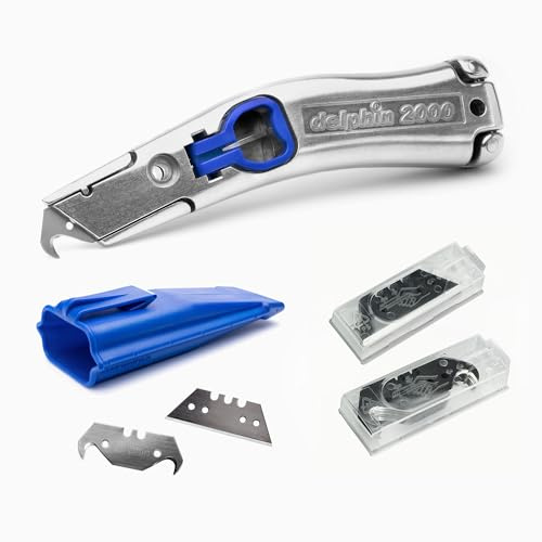 Set bestehend aus einem Teppich- und Vinylmesser Delphin®-2000 und 10 Hakenklingen und 10 Trapezklingen sowie einem Kunststoffköcher.