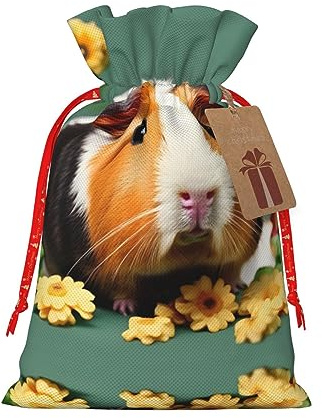 HJLUUFT Geschenktüte mit Blumenmotiv und Meerschweinchen-Druck, mit Kordelzug und Geschenkanhänger, Jutebeutel, Hochzeit, Weihnachten, Partyzubehör