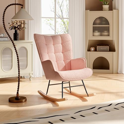 DAHUEN Schaukelsessel, Relaxsessel, Stillsessel, gepolstert, Relaxsessel, skandinavisch, Rocking Chair aus Teddy-Stoff, beige, belastbar bis 130 kg (Rosa)