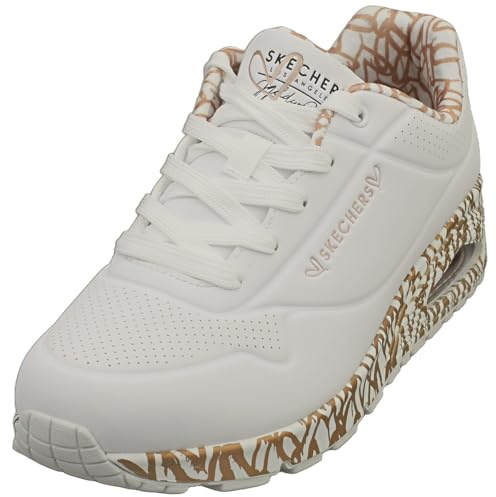 Skechers Baskets Uno Loving Lovepour Femme, Bordure imprimée Or Rose Durabuck Blanc, 39.5 EU