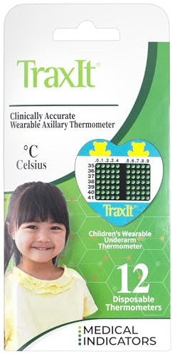 Traxit Wearable Axillary Thermometer for Kids, Single Use Pediatric Thermometer Patch for Babies, Toddlers, & Children, Designed for Up to 48 Hours of Wear, Home or First Aid Use, Celsius, 12 Pack