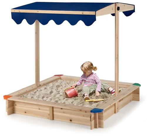 SOARS Bac à Sable Enfant Extérieur 121 X 121 CM, Toit Hauteur Réglable 30,5-121 CM, Bac à Sable en Bois de Sapin avec Bancs, Jeux Extérieur Enfant pour Jardin, Balcon & Plage