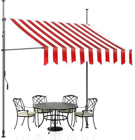 Cplsntaeam Store banne rétractable Manuel, Store de terrasse extérieur 3 x 1,2 m, pergola réglable avec manivelle, auvent extérieur pour fenêtre ou Porte,Red-Stripes