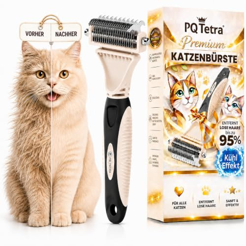 PQTETRA Katzenbürste für empfindliche Katzen – Sanfte Fellpflege mit Massageeffekt für Kurzhaar & Langhaar – Fellbürste gegen lose Haare, Unterwolle & Verfilzungen – Unterwollbürste für Hunde & Katzen